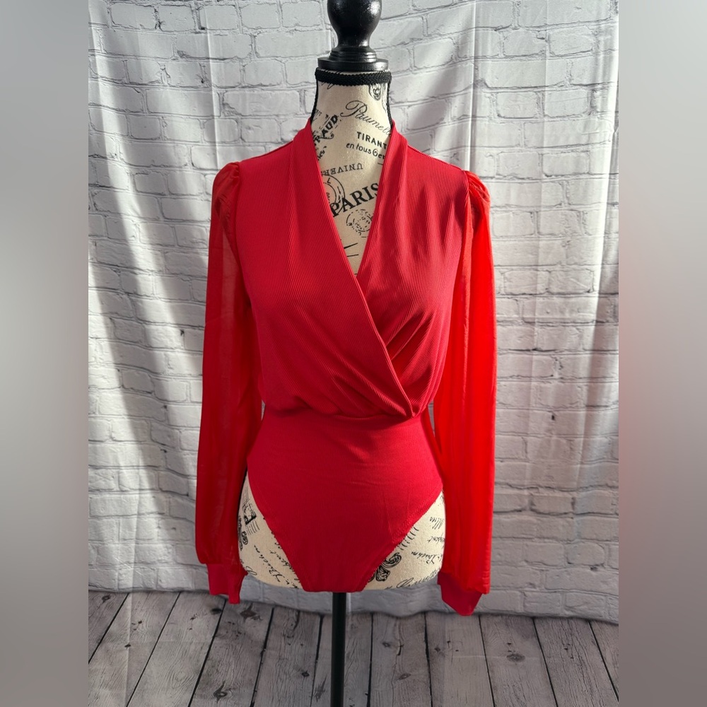 SHEIN Raffinéa Surplice Neck Sheer Lantern Sleeve Bodysuit Red New SZ M (6)